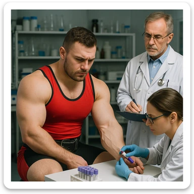 European powerlifter in competition clothing undergoing blood sampling for anti-doping test, medical staff present, realistic atmosphere, laboratory background. sticker