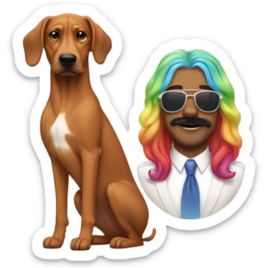 white male with long rainbow colored hair and curled mustache standing alongside a brown rhodesian ridgeback dog sticker