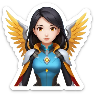 emojis.com an-asian-girl-with-dark-long-hair-and-dark-eyes,-wearing-futuristic-clothes-like-mercy-from-overwatch,-has-her-wings.-on-the-background-is-nebula-of-yellow,-orange,-red-and-turquoise-colours.-she's sticker