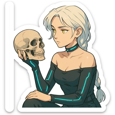 she is holding a skull, pondering as in shakespeare, a closeup portrait of young woman with gold yellow eyes, white hair, long braid, black off-shoulder top d-cup, punk gothic style, futuristic cyberwave cyberpunk, sitting position sticker