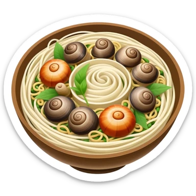 Liuzhou Snail Rice Noodles with river snails and sour bamboo, simplified emoji style with bold outlines and bright colors, cartoon style Guangxi Luosifen sticker