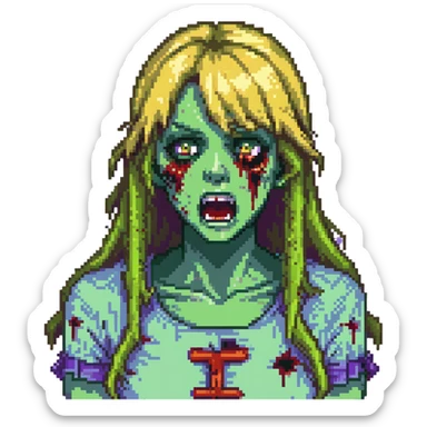 Zombie girl with green skin, bruised face, open mouth, long blonde hair with bangs sticker