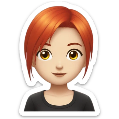 (gril) makima from the manga chainsawman with red hair fringe, yellow eyes with a circle inside and a black shirt sticker