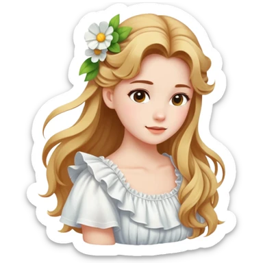  A girl with a half-up half-down hairstyle, and a white ruffled top, enjoying the spring breeze. sticker