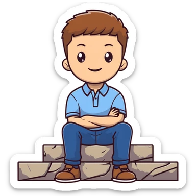 Young man with light skin and short brown hair sitting on stone steps, wearing white polo shirt with blue details and jeans sticker