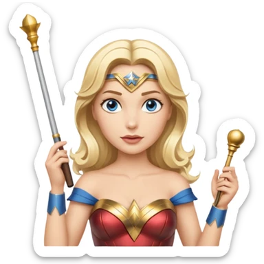 Blonde blue eyed Wonder Woman holding white orchestra conductor’s baton and bell sticker
