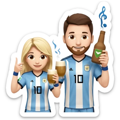 Messi in Argentina jersey and Shakira in a stage outfit, toasting with yerba mate, both smiling, cute and fun emoji style, with musical notes sticker