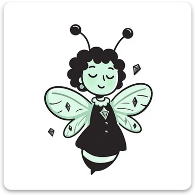 Mint green woman bee character with diamond decorations, rhinestone jewelry, and glittery sparkly details sticker