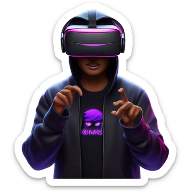Donald Trump wearing a black hoodie with "OMG" letters on it and VR headset oculus quest 2 in a cyberpunk VR environment with violet neon lighting. sticker