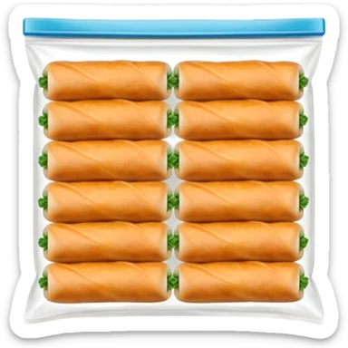 Thai spring rolls in a zipper bag, ready for the freezer
- the spring rolls should not be too orange, their colour should be like dough
- arrange them in two rows of five spring rolls inside the zipper bag sticker