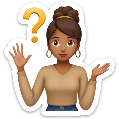 A brown girl with her arms out and question mark  sticker
