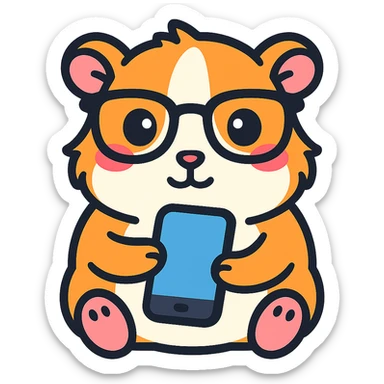 Make the guinea pig match the original reference: same face and glasses style, but holding a phone for a phone app, in a cute, outlined, colorful style. sticker