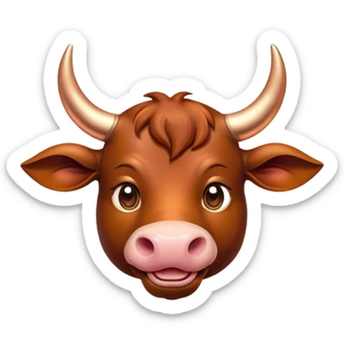 Cinematic Cute Domestic Bull Portrait Emoji, Head tilted playfully and inquisitively, with a sturdy, compact build and a smooth, polished coat of rich copper and brown hues accentuated by gently curved horns, round, sparkling eyes full of curious determination, Simplified yet irresistibly adorable features, highly detailed, glowing with a warm, friendly glow, high shine, affectionate and spirited, stylized with a touch of rustic charm, soft glowing outline, capturing the essence of a mischievous yet loving domestic bull that feels like it could trot out of the screen and into your arms! sticker