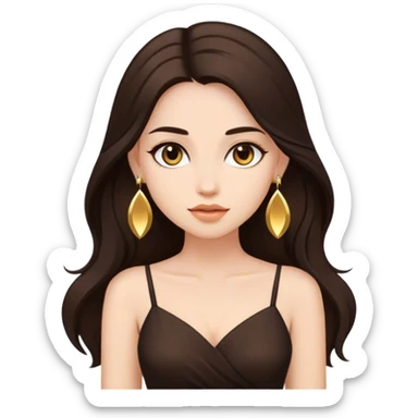 Beautiful woman,cute, long dark brown hair in dark dress with gold earrings sticker