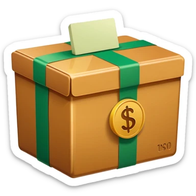 Closed box facing forwards with semi rounded edges Light honey‑brown tape strip with a glossy highlight green bill with a bold white dollar sign, anchored at the bottom left of the box create depth with slight shadows Plain white background for that crisp, emoji‑ready finish sticker