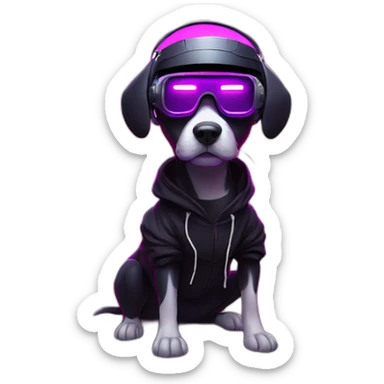 funny dog wearing a black hoodie with "OMG" letters on it and VR headset in a cyberpunk VR environment with violet neon lighting. sticker