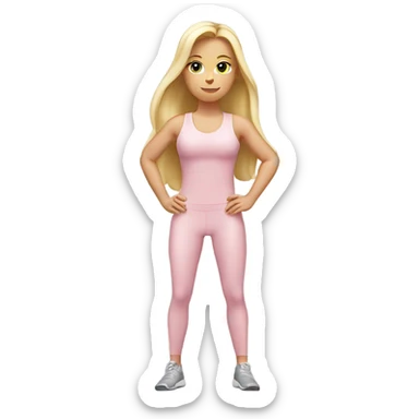 A blonde white girl in a light pink fitness suit with a full-length fitness mat sticker
