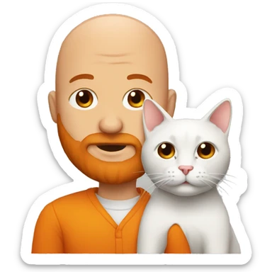 A bald man with a big orange beard holding a cat sticker