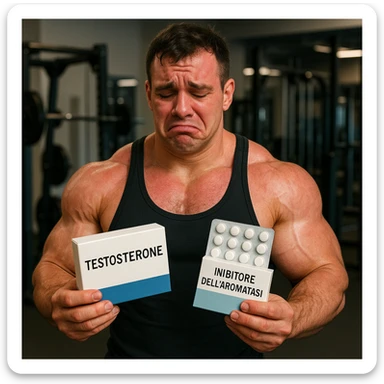 beginner bodybuilder with swollen muscles holding a box labeled 'Testosterone' and a package labeled 'Inibitore dell'aromatasi', regretful expression, red skin, all text in Italian, gym background, 4K quality sticker