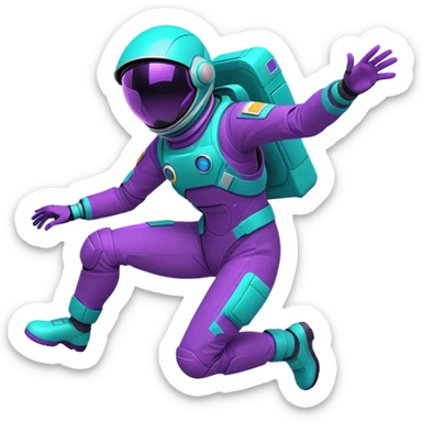 Stylized futuristic astronaut in mid-flight pose, sleek purple and neon teal suit, flat vector design, heroic silhouette, dynamic diagonal motion lines sticker