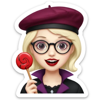 Vampire with lollipop, beret and glasses, teeth looks like vampire sticker