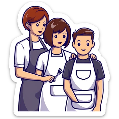 stylist with apron demonstrating haircut on mannequin to student sticker