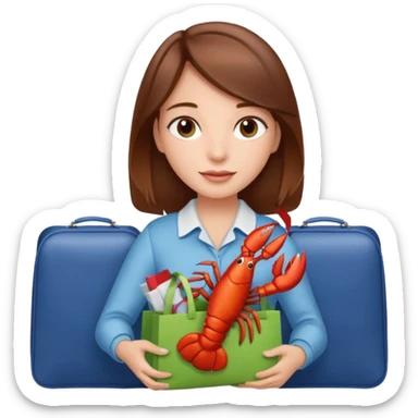 Cute girl brown hair on plane holding gift bag with lobster inside sticker