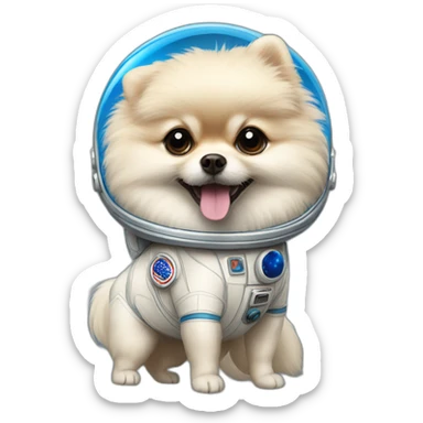 light cream pomeranian wearing a blue astronaut sticker