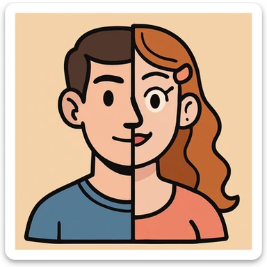 stylized icon of a person with half masculine and half feminine features, clear gender split, simple minimal background sticker
