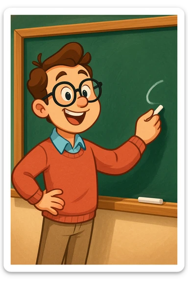 A cartoon teacher character with glasses, writing on a chalkboard, cheerful and animated. sticker