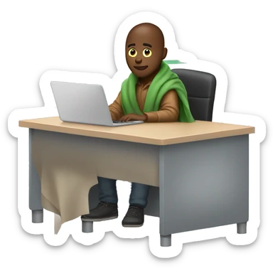 white male sitting at a school desk with a big blanket wrapped around shoulders working on chromebook sticker