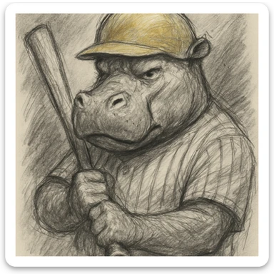 hippo holding a baseball bat, wearing a yellow helmet, pinstripes outfit sticker