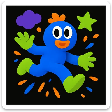 Remove all text and written matter, keep only the mascot character and visual elements. Preserve the playful, energetic, and imaginative style suitable for a black website background. sticker