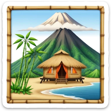 bamboo hut with volcano in the back in Volcano Island  sticker