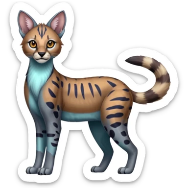 Realistic patterned marked edgy bluish greyish blackish whitish silvery coppery Shiny Colorful Glossy Genet-Caracal-Lion-Bobcat-fusion-animal-hybrid-creature, full body, tufted ears, long thin tufted tail sticker