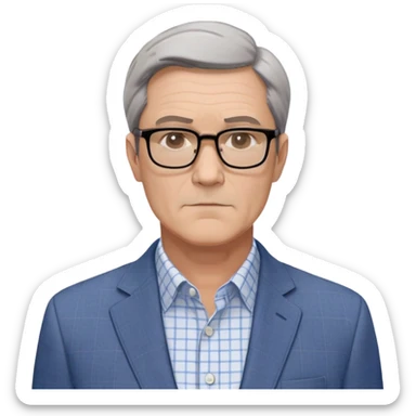 Middle-aged man around 50, square face with slight wrinkles, large dark square-framed glasses, short straight hair with subtle graying and side part. Composed serious expression. Wearing a light gray blazer over a white button-up shirt with blue checkered pattern. sticker