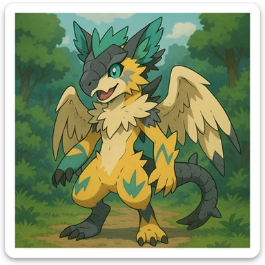 Sergal-Protogen-Trico-Renamon-Lombax-Zeraora-Vernid-fusion-hybrid-creature, drawn in a Pokémon/Digimon style sticker