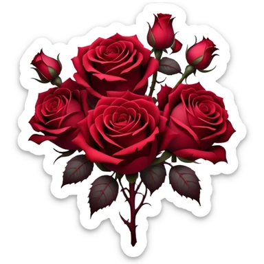 A surreal bouquet of Gothic roses, their petals drenched in crimson hues, from Venetian red to rustic tones, glowing against a dark, misty backdrop. The air is heavy with an eerie, romantic atmosphere, as if the flowers hold secrets of the past.
 sticker