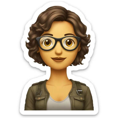Una chica de cabello corto marrón, lentes de aviador, con una computadora  sticker