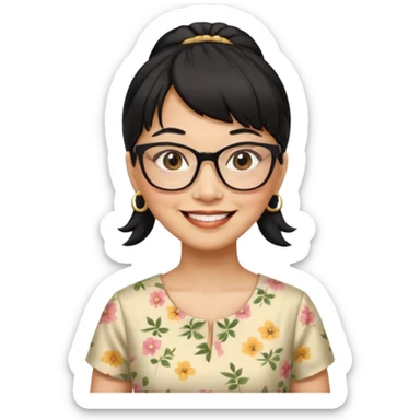 filipino woman black hair in one pony tail with straight bangs and big glasses, 60 yr old, nice dress

 sticker