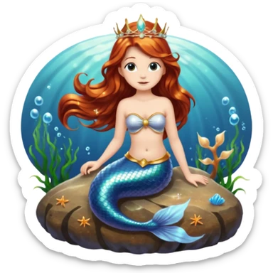 Mermaid with Shell Crown – Long flowing hair, shell tiar, sitting on rock sticker