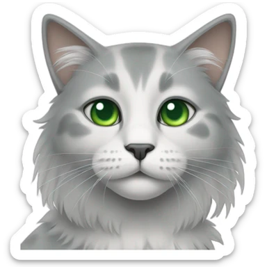 a gray and white cat with green eyes and long hair and a gray spot on the right side of the nose sticker