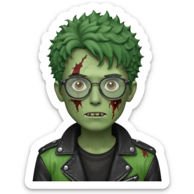 Hombre zombie de piel verde con chaqueta de cuero punk, pelo rizado corto y gafas sticker