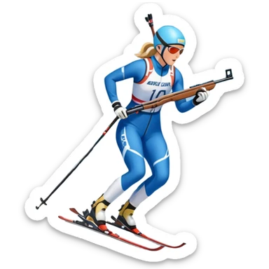 An icon featuring a biathlete in motion, holding a rifle and skiing across a snowy course. The backdrop includes snow-covered trees, distant mountains, and a clear blue sky. Transparent background highlights the precision, endurance, and excitement of biathlon. sticker