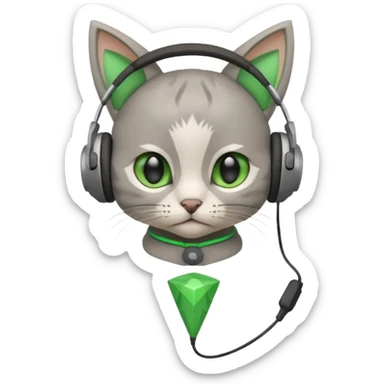 a small little grey kitten sitting on a seat and wearing headphones and there is a green rhombus over her head sticker