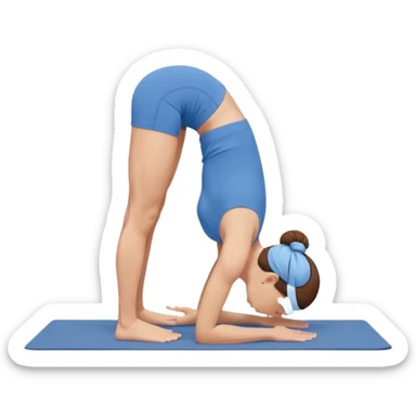 Minimalist flat vector illustration of a woman doing yoga in forward fold pose (Uttanasana), wearing sportswear (blue top and blue shorts), brown hair in a bun, clean white background, no face details, elegant style sticker