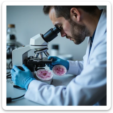 realistic doctor comparing two fecal slides under microscope, one with visible parasites and one without, clinical environment sticker