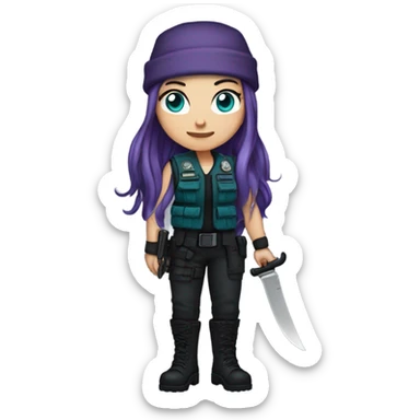 White Girl, tactical vest, dark pants, long teal hair, blue eyes, purple beanie hat, knife, black combat boots sticker