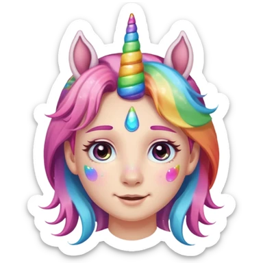 blush face subtle smile with cute eyes rainbow tears and a unicorn rainbow horn on its head sticker