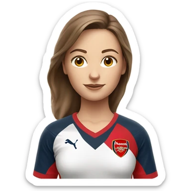 Pretty white woman with medium brown hair holding a soccer ball and wearing an Arsenal jersey sticker